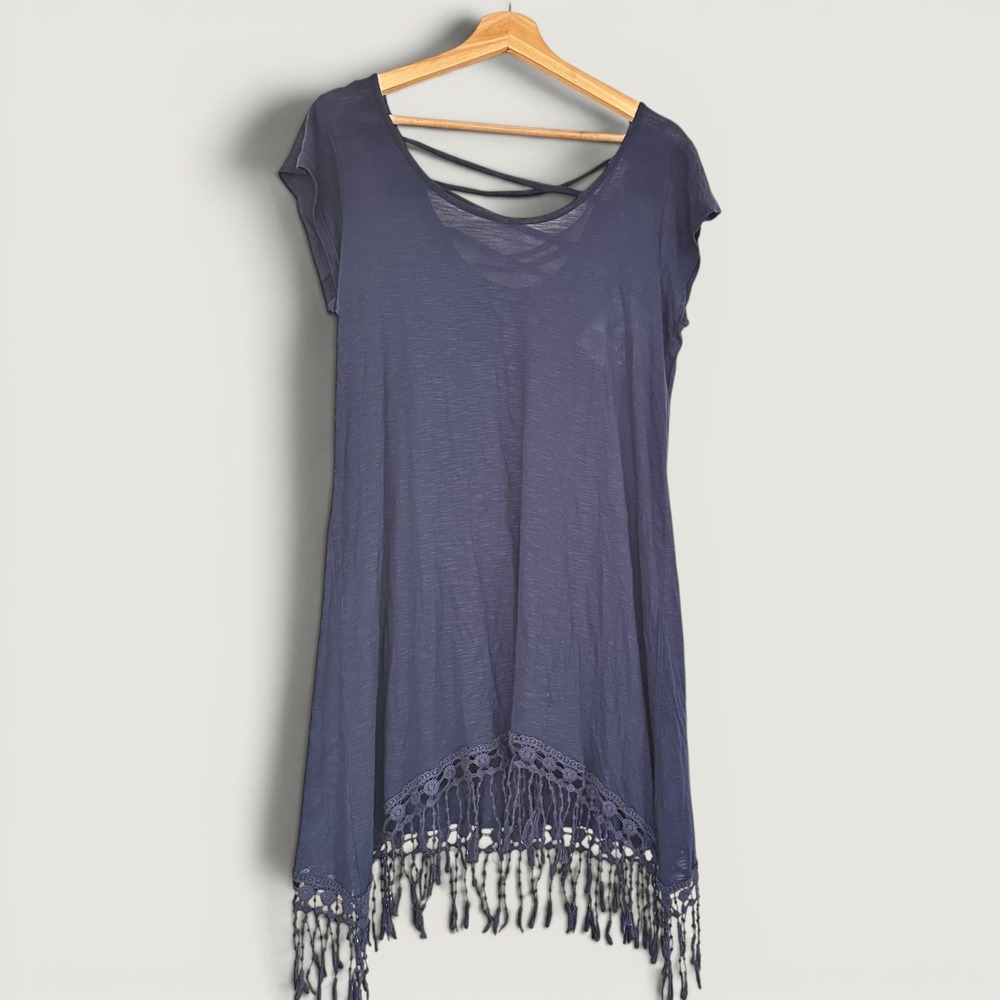 Blue Island NWT Navy Blue Crochet Fringe Strappy Back Tunic Mini Dress Medium